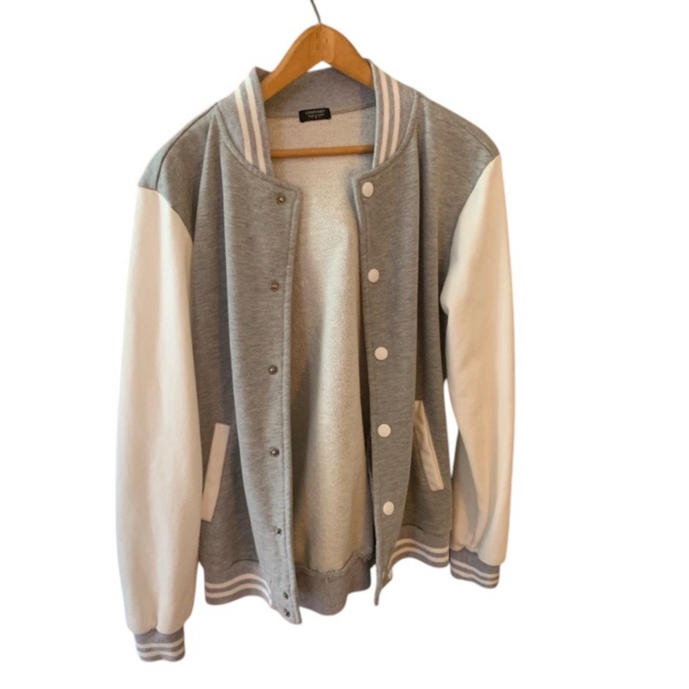 Men’s Coof Andy grey and white Varsity Bomber Jacket, size small